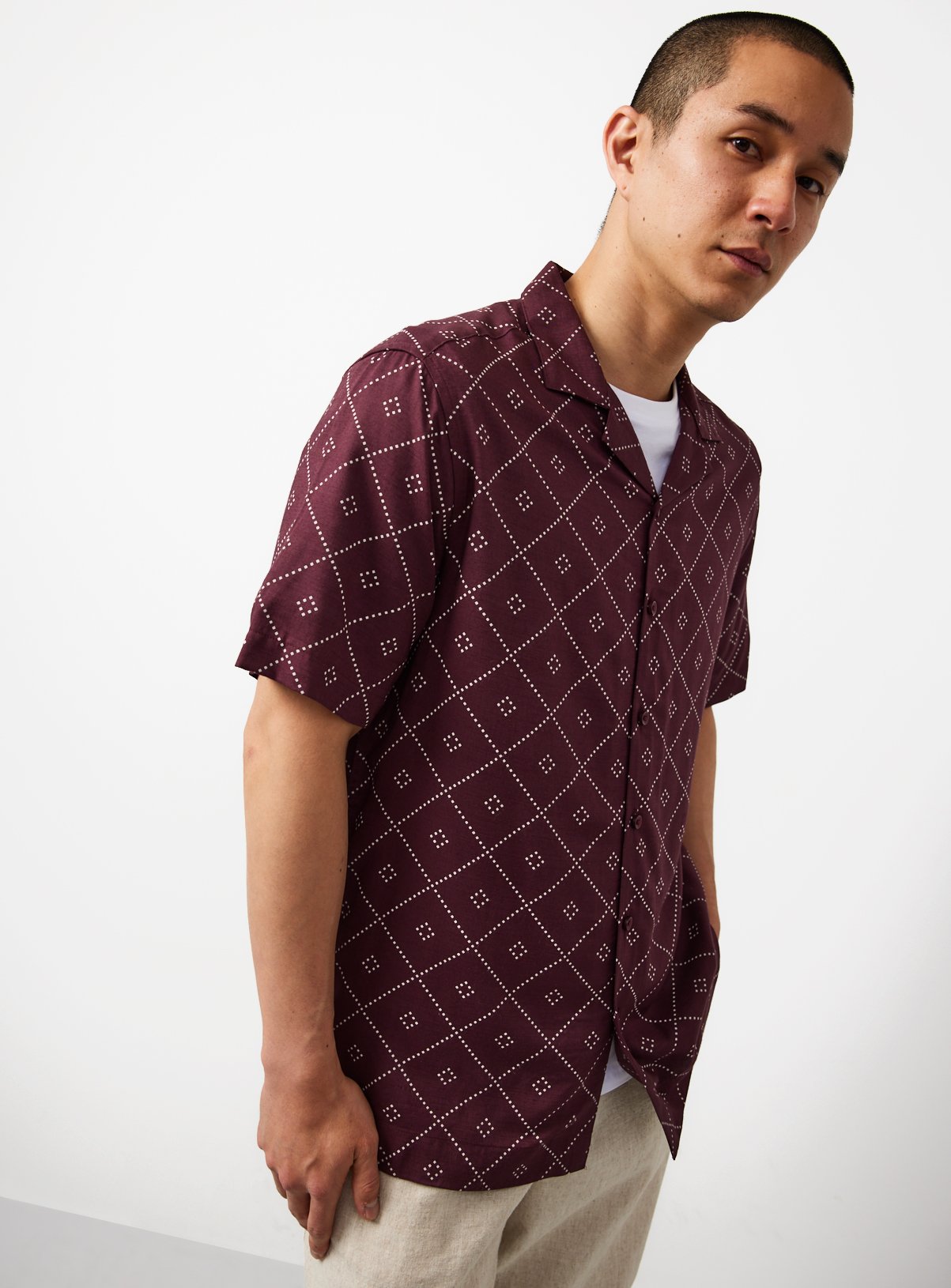 Dark Red Geo Print Slub Revere Neck Shirt M - Image 2 thumbnail